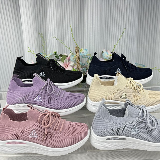 2024 Spring and Autumn New Flat Fly Knitted Mesh Sports Shoes Women's Foreign Trade Casual Soft Sole Lightweight Running Women's Shoes Wholesale