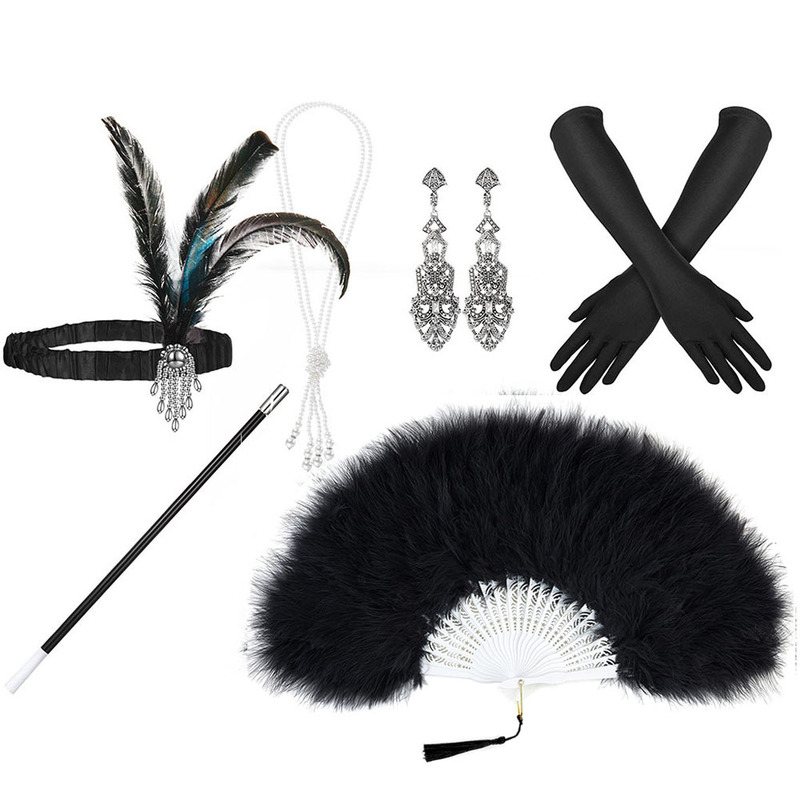 Gatsby Party Feather Headband Pearl Necklace Cigarette Rod Vintage Earrings Black Feather Fan Set Wholesale