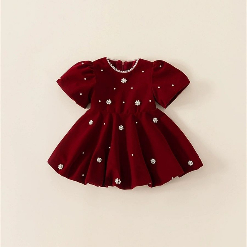 Red Dress Baby Set Pearl Spring and Autumn Dress Christmas Girls' Clothing Red Dress Children's Princess Dress