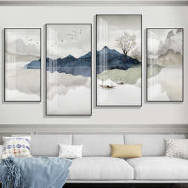 新中式客厅装饰画沙发背景墙挂画中国风山水画餐厅壁画茶室四联画