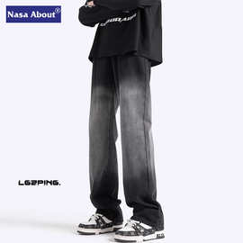 NASA美式高街渐变牛仔裤男士春季新款潮牌宽松直筒休闲微喇裤