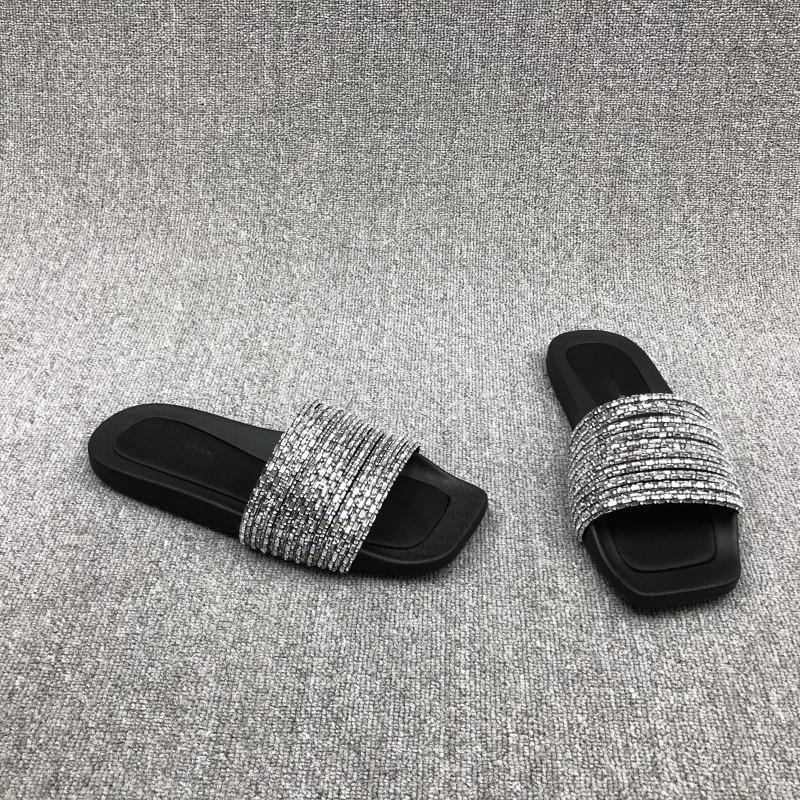 European Station 2024 Summer New Women's Shoes Open Toe Flat Bottom Rhinestone Stripes Outer Wear Single Slipper Simple Sandals Women_voghion.com