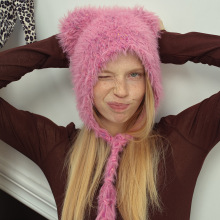 原创设计款多巴胺色彩点绑带毛线帽女冬季保暖套头可爱冷帽小熊帽