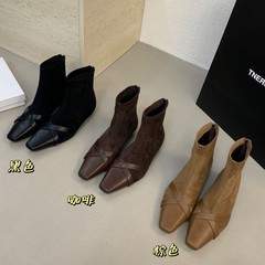 2025 法式设计感交叉带小方头低跟短靴春秋单靴女软皮弹力瘦瘦靴