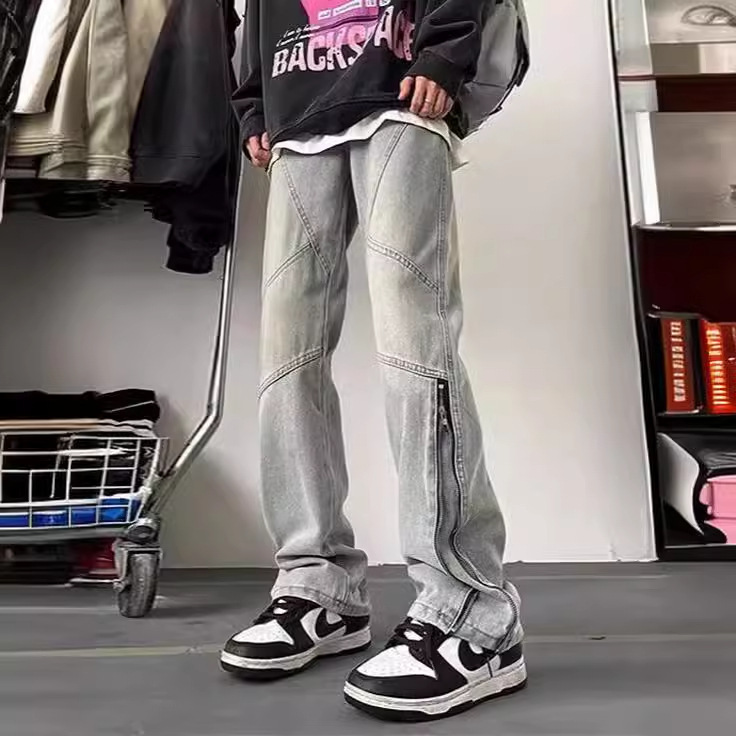 American Style Retro Old Zipper Jeans Men's and Women's Spring and Autumn Slight Pants Stitching Design Sense Straight Pants Trend