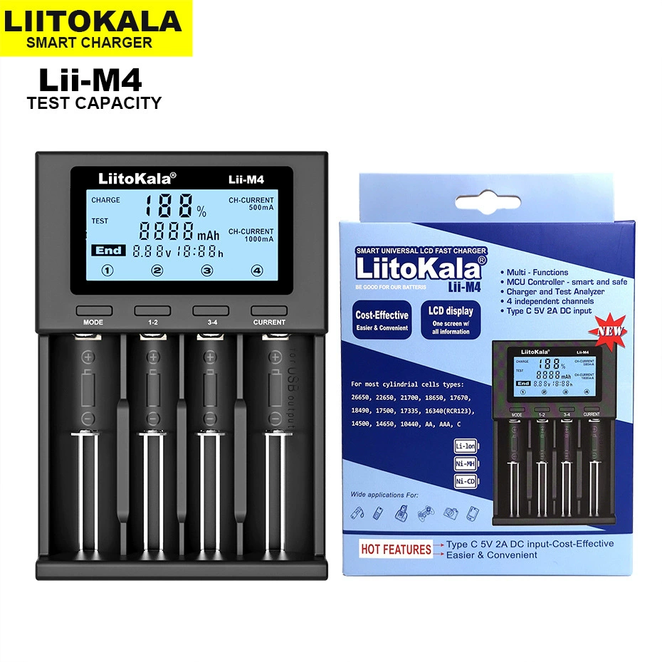 LiitoKala [lii-M4 18650 26660 зарядное устройство с разделением емкости / LCD дисплей 5V 2A]