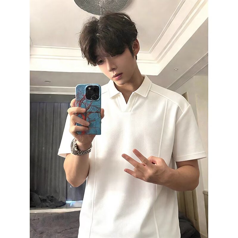 T-Shirt for Men and Women, Regular Shoulder Boxy Fit, Loose Summer Style, High-End Feel, Turn-Down Collar, Short-Sleeve, Trendy Solid Color Polo Shirt, Fashion Brand
