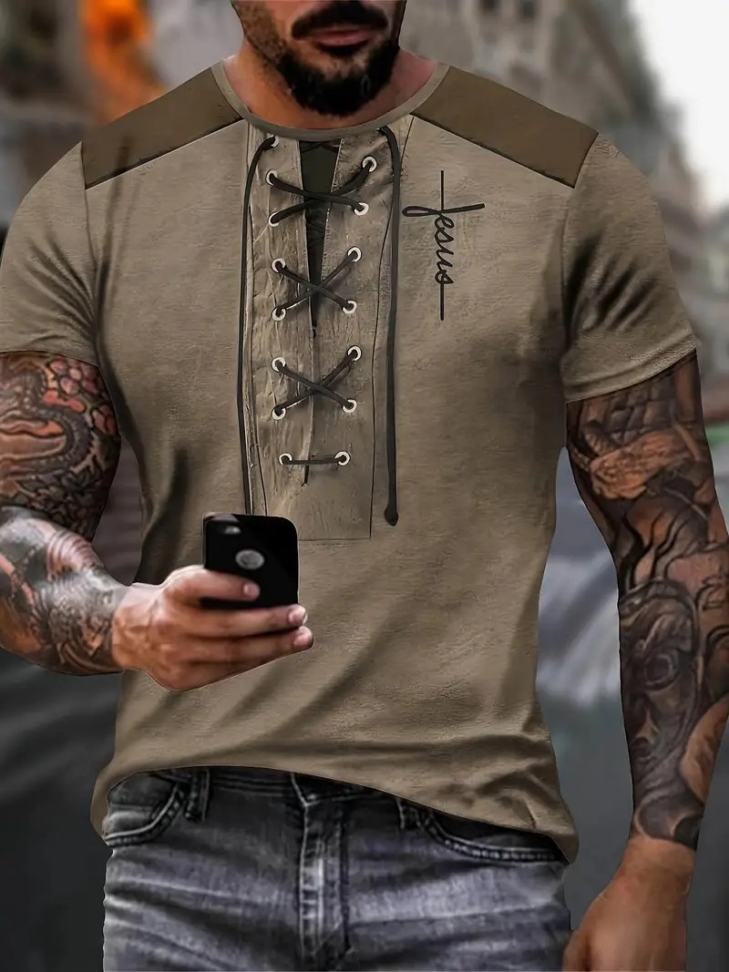 Camiseta de cuello redondo de manga corta suelta y transpirable de verano para hombres AliExpress Europa y América Venta caliente pseudo cordón decoración impresión 3D