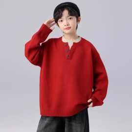 【1022】男童秋冬装假两件毛衣2025新款红色上衣儿童过年服针织衫