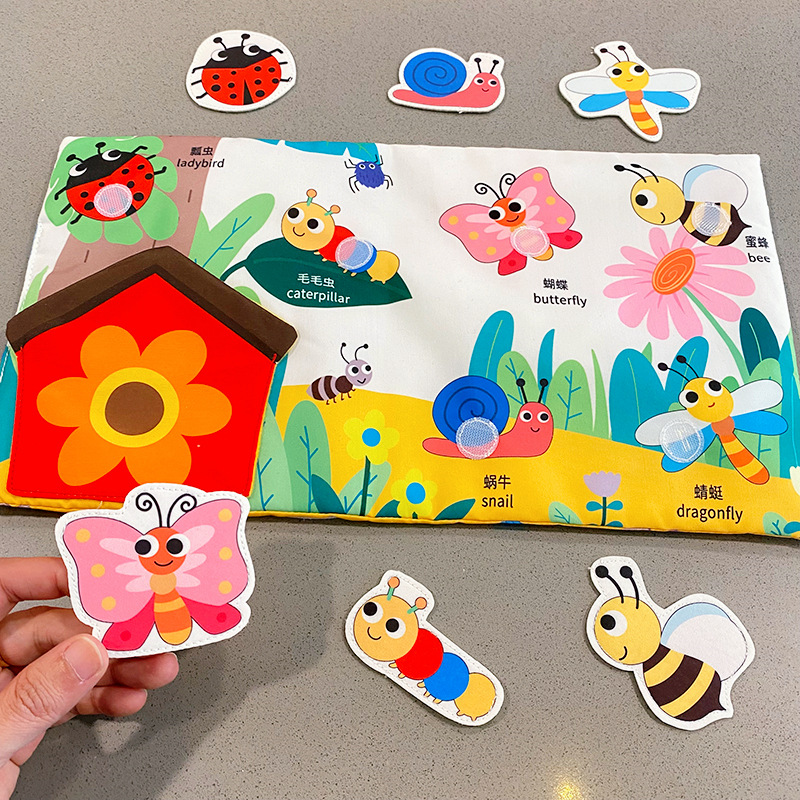 Libros silenciosos para desgarrar y reutilizar para la educación temprana con pegatinas mágicas, libros para bebés que se pueden masticar, libros educativos de tela para bebés, juguetes educativos para niños de 1 año.