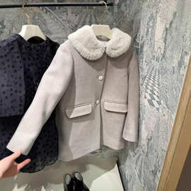25秋冬女大童毛领羊毛混纺夹棉外套中长款纯色保暖气质毛呢大衣