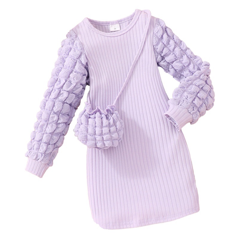 Popular para niños pequeños y medianos, mangas abullonadas de manga larga de otoño, tiras de pozo con bolsos, vestidos de color sólido, exclusivos transfronterizos