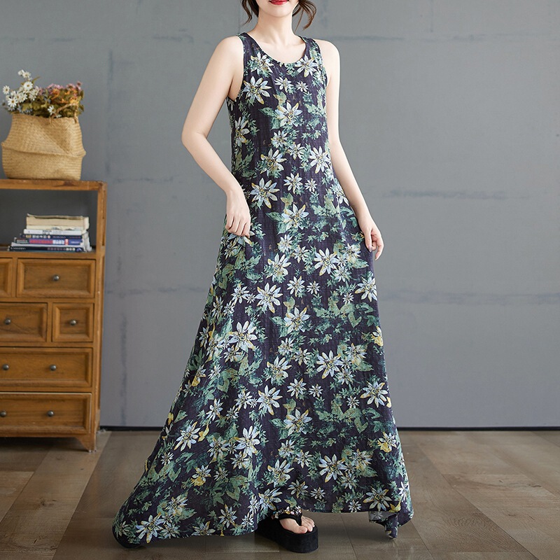 2025 New Summer Large Size Free Series Relaxed Lazy Skirt Normcore Floral Sleeveless Maxi Dress