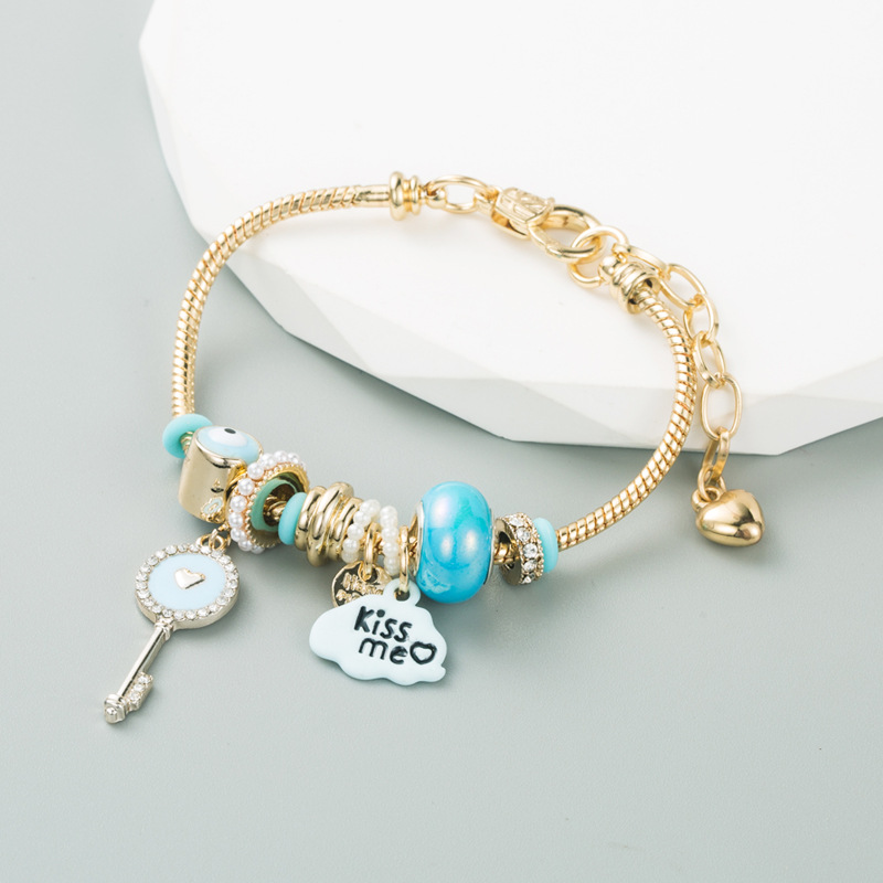 Fashion Key Copper Bracelets Inlay Rhinestones Pearl Copper Bracelets