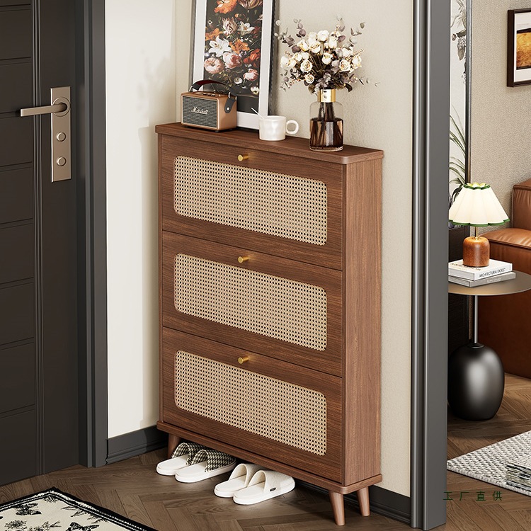 Rattan Ultra-Thin Shoe Cabinet for Home Entrance 2025 New Mid-Century Style Entrance Cabinet Walnut Color Flip Narrow Shoe Rack