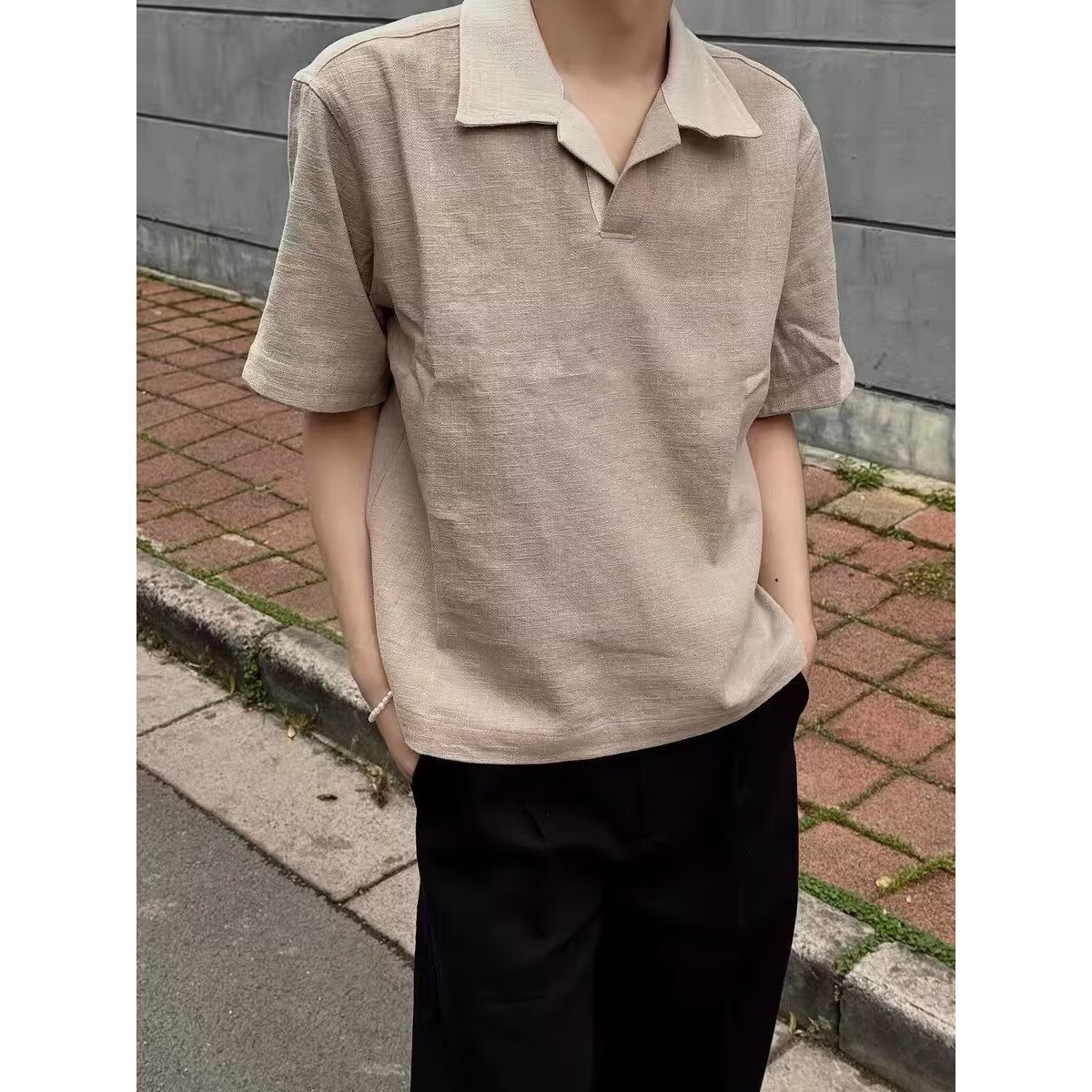 Retro Linen Old Money Style Short-Sleeved Men's Summer Khaki Lapel Contrast T-Shirt Cleanfit Right Shoulder Half Sleeves