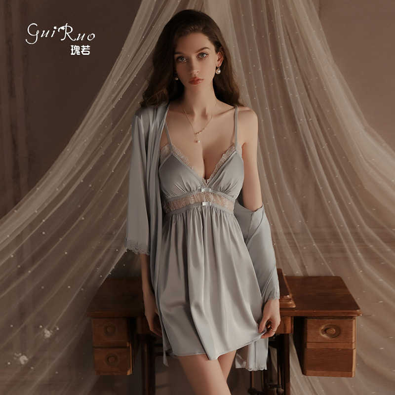 Guiruo Intimates Sexy Satin Splicing Mesh Temptation Plus Breast Pad Suspender Nightgown Outer Robe Home Wear Set 4353