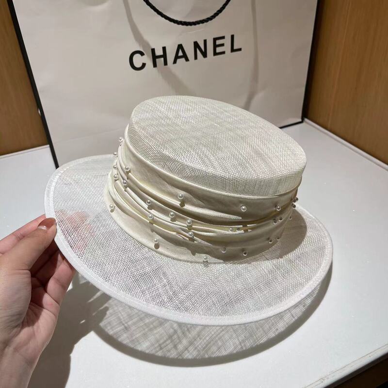 French Elegant Pearl Yarn Flat Hat Summer Sunshade Socialite Wind Hemp Yarn Hat Travel Simple British Top Hat Women