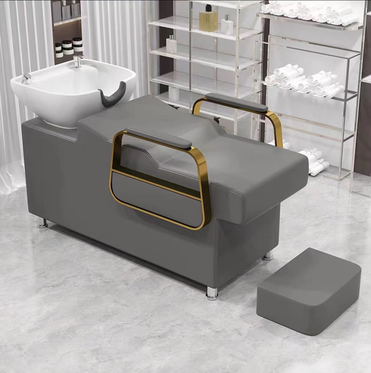 Cama de lavado de cabello para peluquería con reposapiés, lavabo de cerámica, cama de lavado de cabello semireclinable para peluquerías, cama de masaje y peluquería.