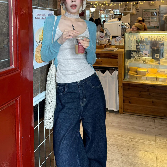 Moses Queen Moxi Lace Blue White Knitted Cardigan Women's Spring and Autum Slim Elegant Long-Sleeved V Neck Top