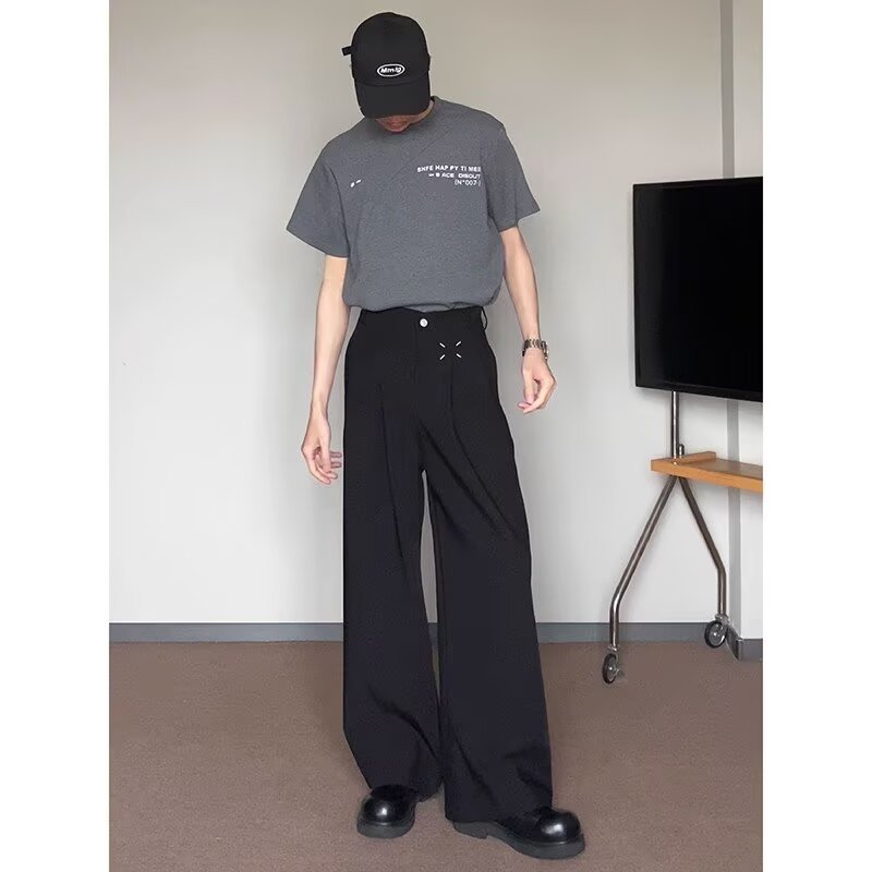 Men's Slim Straight-Leg Flared Pants for Students, Clean Fit, Black Casual Drape, High-End Feel