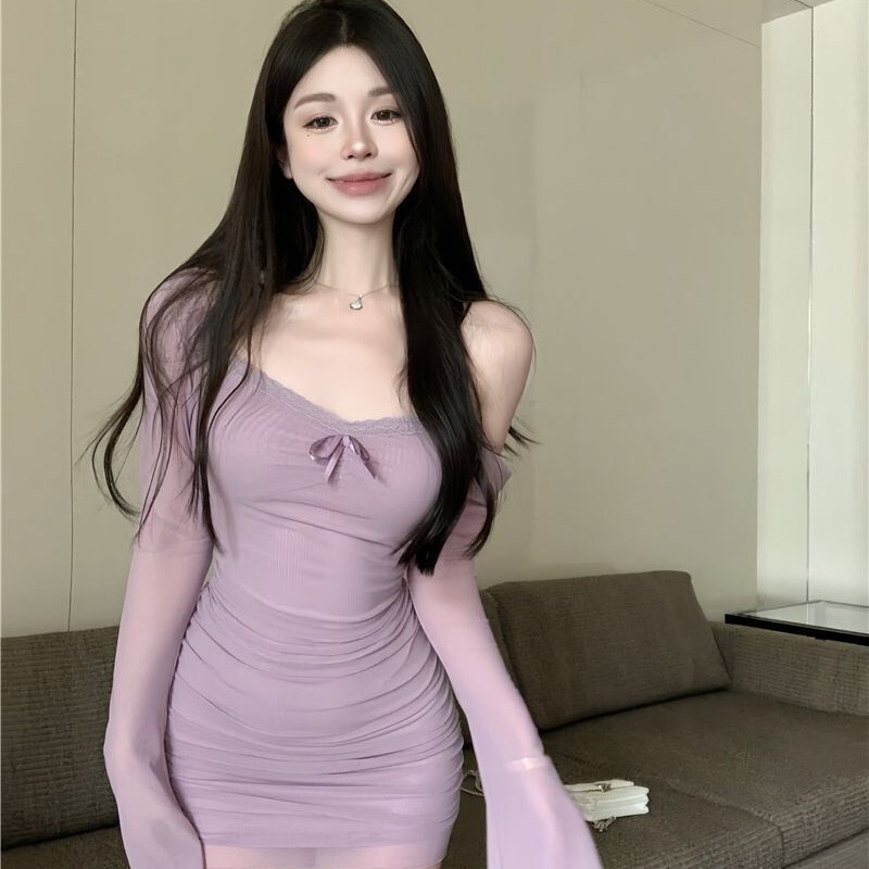 Pure hot girl mesh stitching long sleeve dress women's autumn and winter sexy backless bow skirt hip skirt