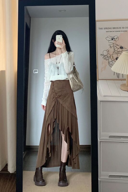 美拉德穿搭套装女早秋高级感针织罩衫不规则抽绳吊带连衣裙两件套|undefined