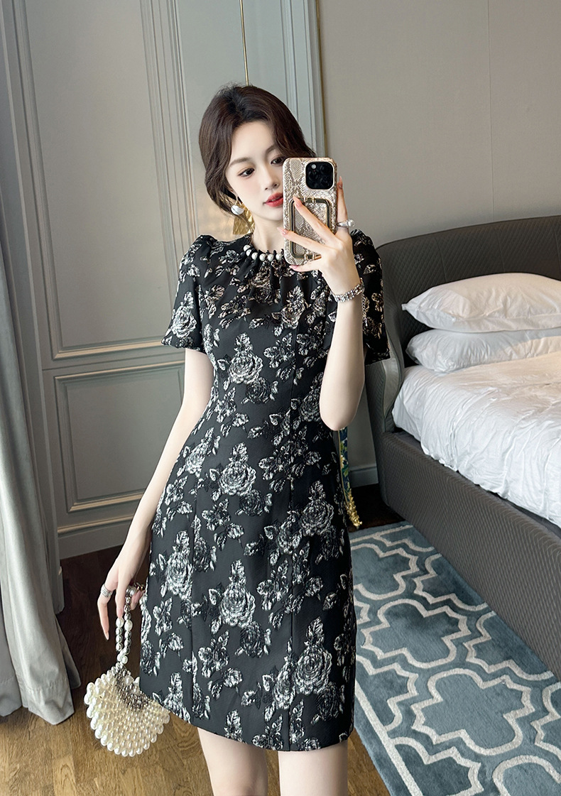 Đầm chữ A thắt eo họa tiết cổ điển phong cách Pháp — Màu đen chi tiết 5