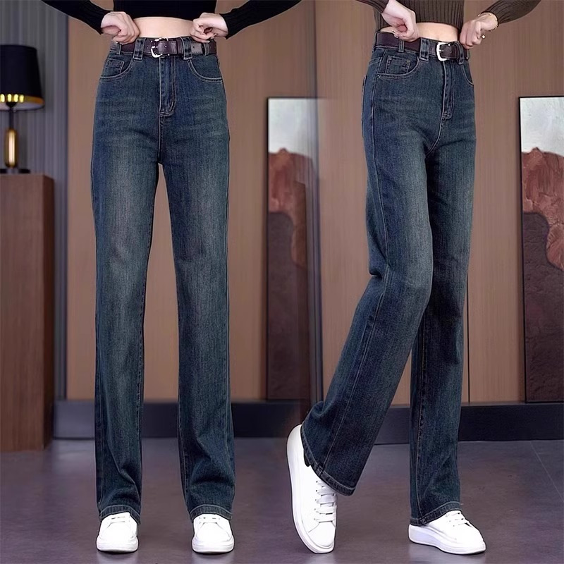Cross-Border Narrow Straight-Leg Jeans for Women 2024 Autumn and Winter New Style Petite High-Waisted Slim Retro Long Pants for Women