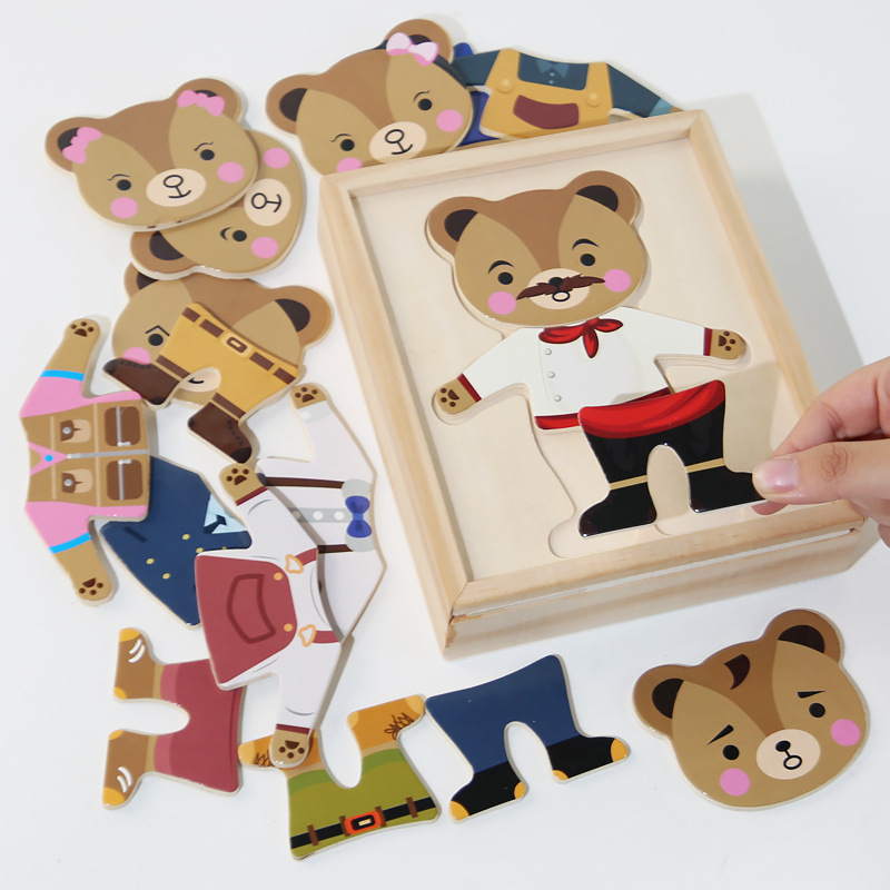 Educación temprana para niños, oso, vestir, rompecabezas, rompecabezas tridimensionales, ejercicio, combinación de acción fina, rompecabezas, juguetes de madera