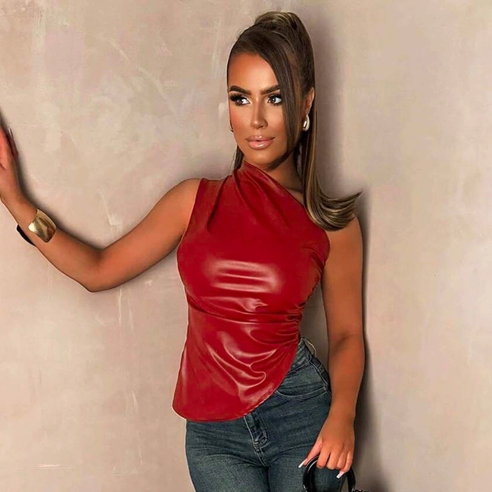 Трансграничные европейские и американские женские жилеты весна и лето 2025 новый без рукавов косой плечами складки из кожи ПУ женский топ