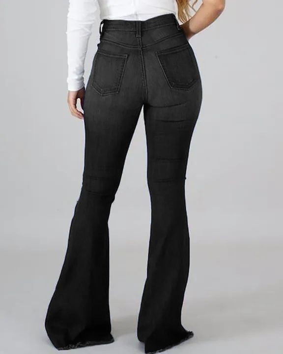 high waist high elastic ripped flared jeans NSGJW117314