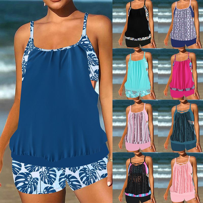 2025 new European and American cross-border striped lace stitching vest suit boxer swimming trunks plus size split swimsuit women