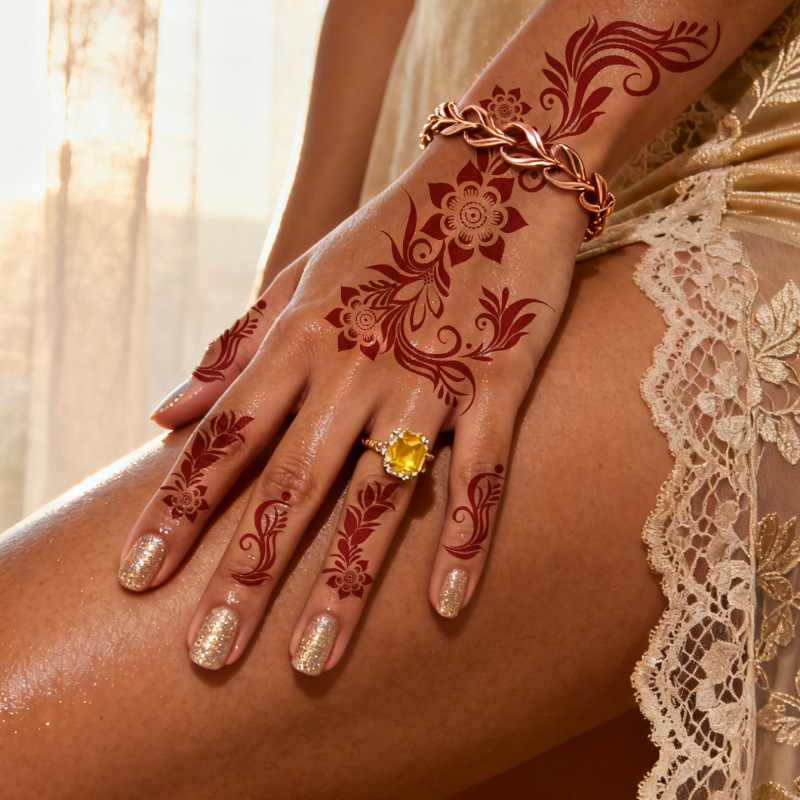 Cross-Border Red Floral Pattern Hand and Foot Tattoo Stickers, Plant Henna Tattoo Stickers, Temporary Body Art Decoration Cross-Border Red Floral Pattern Hand and Foot Tattoo Stickers, Plant Henna Tattoo Stickers, Temporary Body Art Decoration