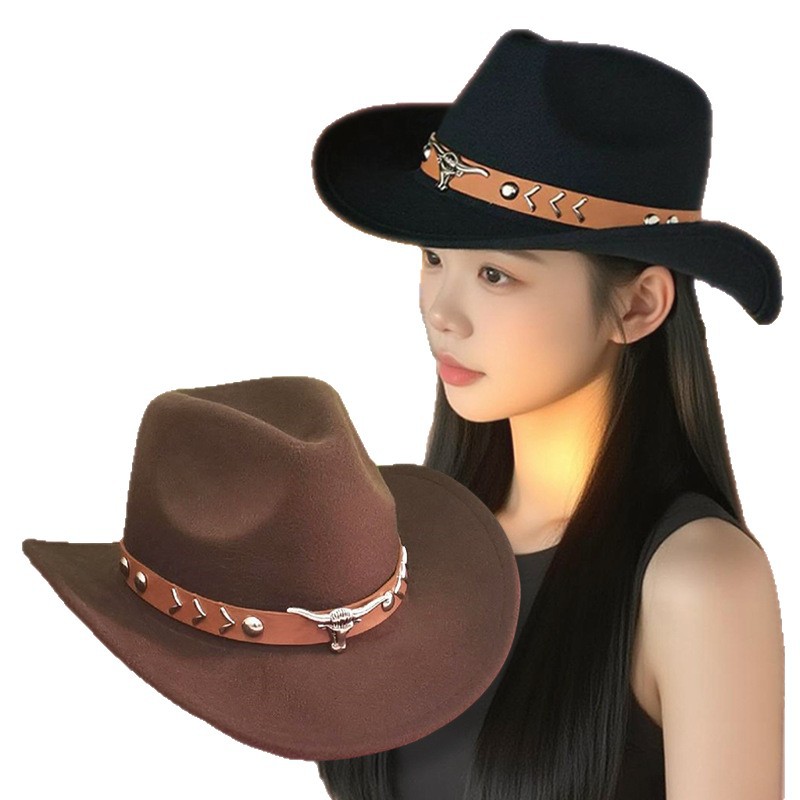 Sombrero nacional de feltro de estilo masculino, sombrero de vaquero occidental, sombrero de bordes retro, sombrero de caballo, fábrica al por mayor, venta caliente para mujeres