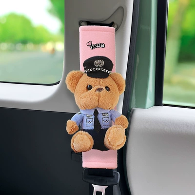 Protective Cover, Seat belt shoulder pad - pink-velvet-blue-bear