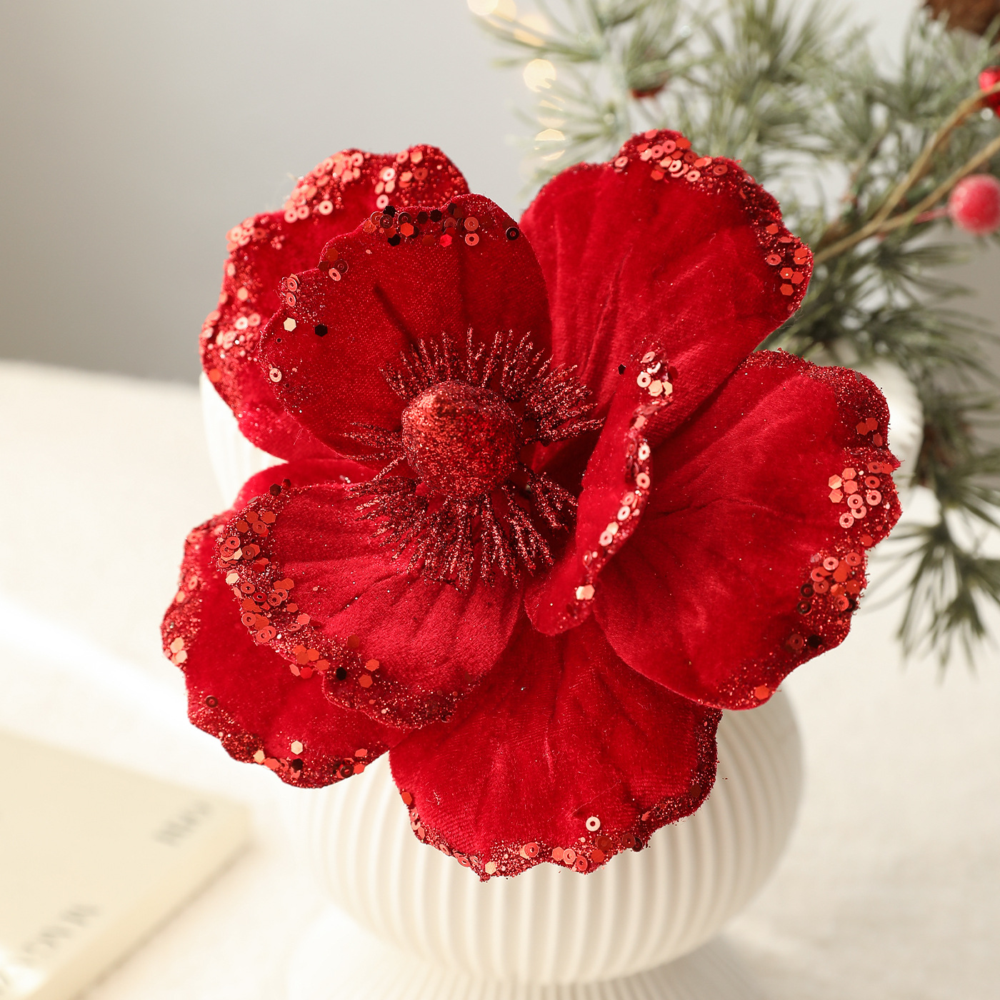 Nuevo producto 15CM flocado de polvo de viscosidad flor de Navidad magnolia de alta calidad tela de lujo decoración de Navidad imitación flores