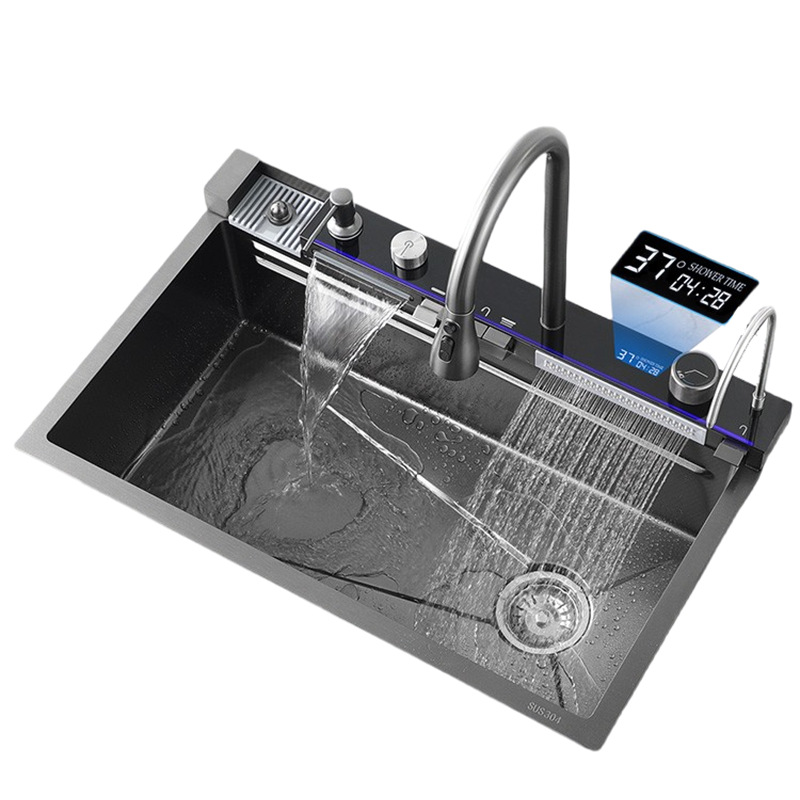 Fregadero de acero inoxidable con pantalla digital tipo piano, diseño grande y multifuncional de cocina doméstica