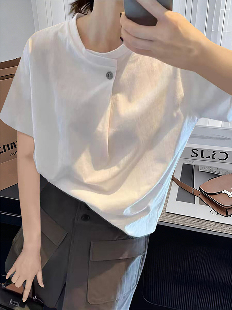 Designed Button-Front Pure Cotton Short-Sleeve T-Shirt for Women, Summer 2026, Casual and Slimming, Age-Reducing White Top