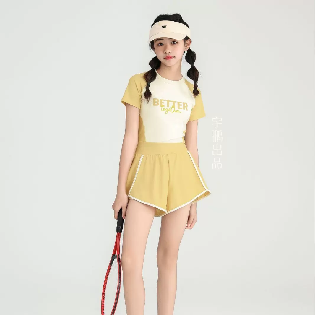 儿童泳衣女中大童连体裙式泳装防晒泳衣少女时尚款沙滩风连体泳衣