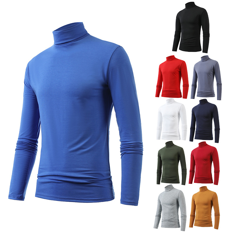 국경 간 유럽 코드 새로운 남성 캐주얼 솔리드 컬러 세미 하이 칼라 롱 슬리브 티셔츠 대외 무역 캐주얼 스포츠 티셔츠 베이스 셔츠