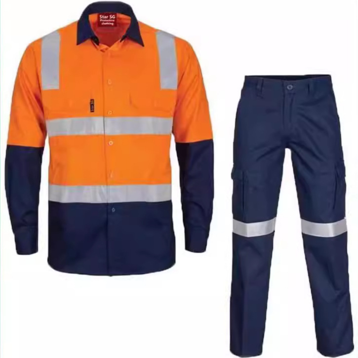 Cross-border European and American Foreign Trade Cotton Long-sleeved Reflective Shirt Engineering Clothes Night Warning Work Clothes Shirt Embroidered logo