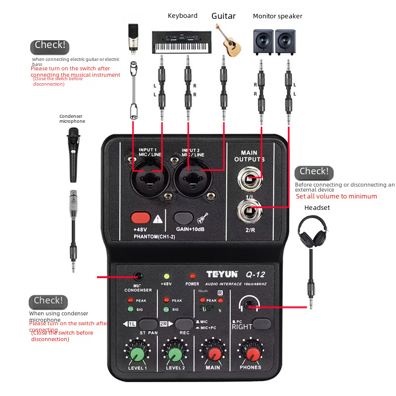2024 TEYUN Q-12 컴퓨터 녹음 사운드 카드 편집 아티팩트 USB 드라이브 무료 16BIT/24KHZ