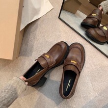 现货秒发！葡萄妈同款复古英伦风圆头小金币一脚蹬粗跟厚底乐福鞋