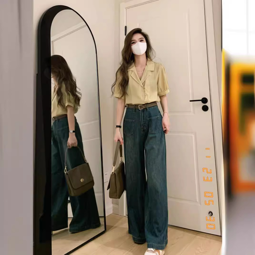 넓은 다리 청바지 여성의 봄과 가을 2025 새로운 디자인 센스 틈새 높은 허리 느슨한 스트레이트 다리 바지 긴 아들