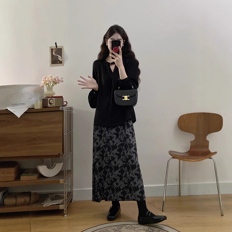 肥柒柒大码女装秋季新款新中式厚款显瘦宽松衬衣+半身高腰直筒裙|undefined