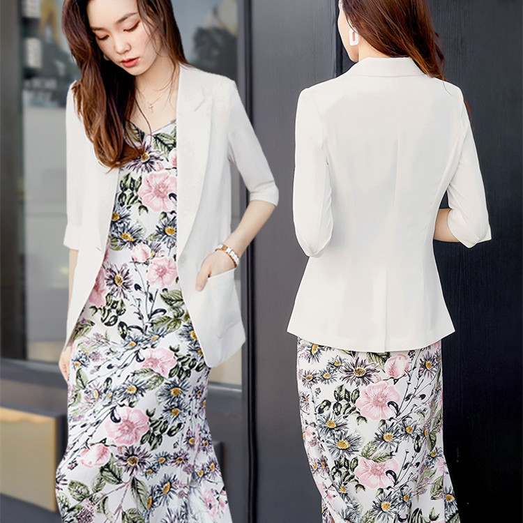 Summer thin floral mid-sleeve strap chiffon dress mid-length elegant Korean fashion suit women's suit