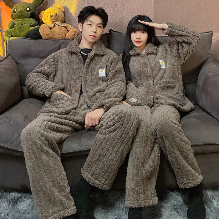 Superior coral azul pijamas pareja de felpa solapa Otoño e Invierno cardigan manga larga engrosada caliente desgaste del hogar traje