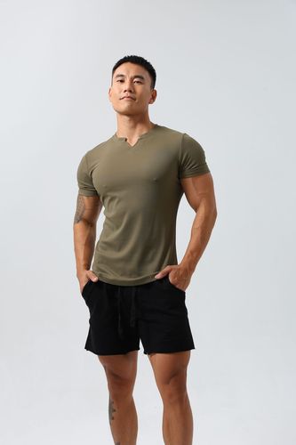 Men's V-neck short-sleeved sports quick-drying solid color outdoor fitness running slim fit