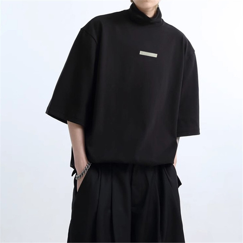 Men's Semi-High Collar Solid Color Short-Sleeve T-Shirt for Summer with a Sense of Elegance, Hairstylist Trendy Brand Men's Clothing, Simple Inner Layer Base Shirt